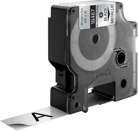 Shirit etiketas Dymo 18487 poliester i metalizuar ngjitës përhershëm 19mm x 5.5m, i zi në metalik