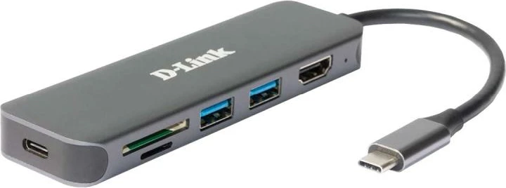 Hub USB-C, D-Link DUB-2327, HDMI 4K, 2x USB 3.0, SD/microSD, USB-C PD, gri