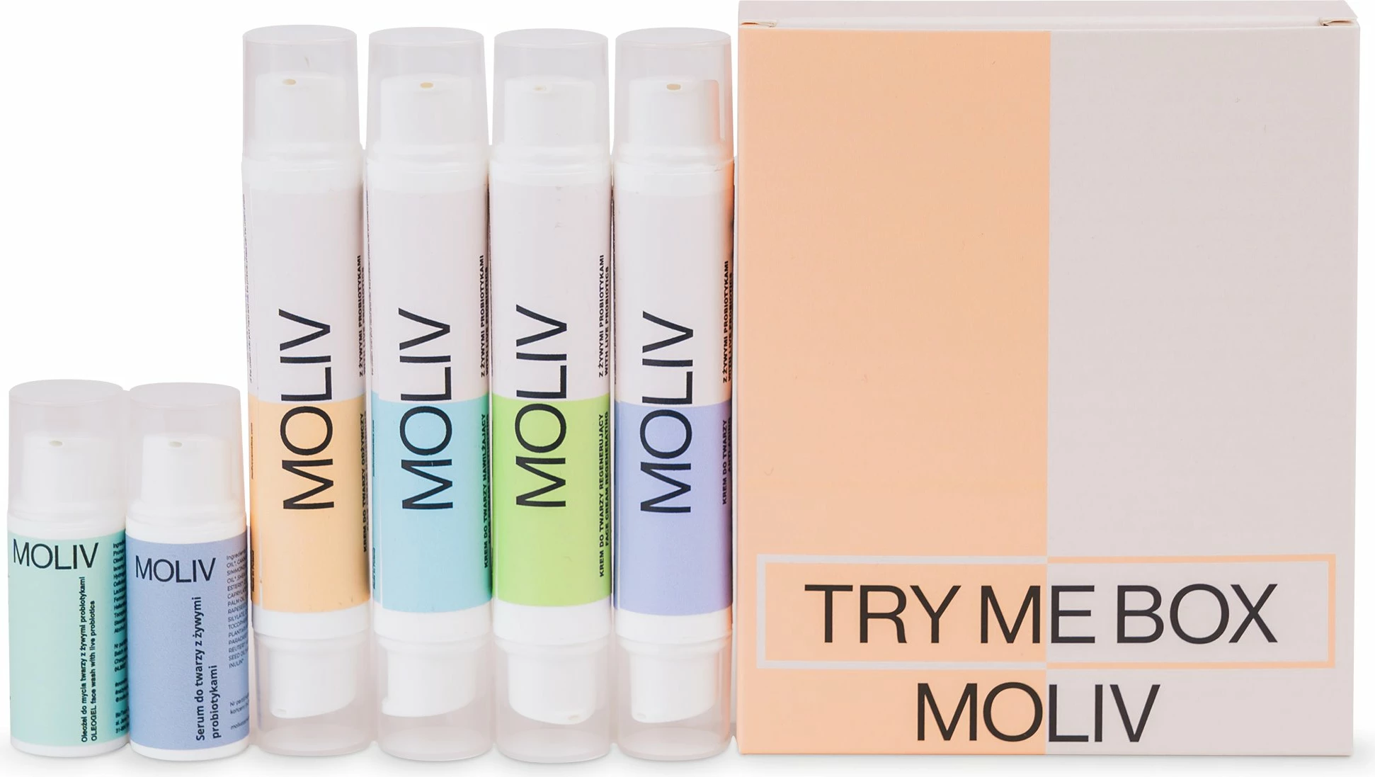 Set mini kozmetike për fytyrë MOLIV Try Me Box, gel pastrues 5 ml + serum 5 ml + 4 lloje kremi (2x2 ml secili), set provues
