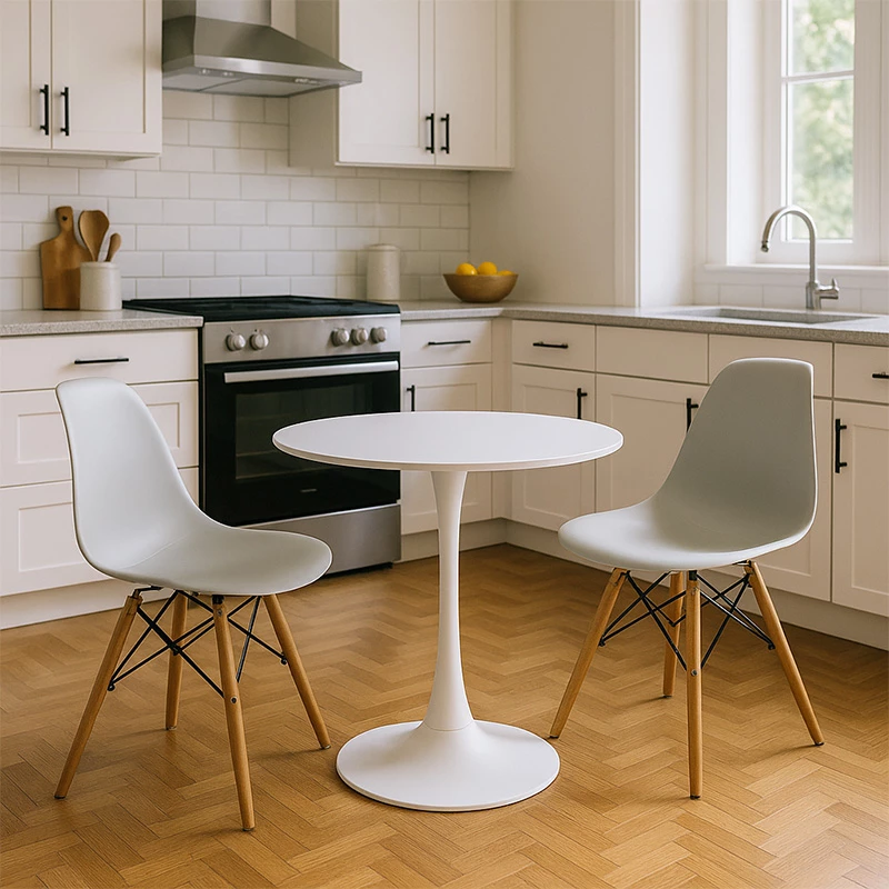 Set tavoline me karrige Elijah-Julita, 3 pjesë, ngjyrë e bardhë, këmbë druri natyrale, Φ60x74cm