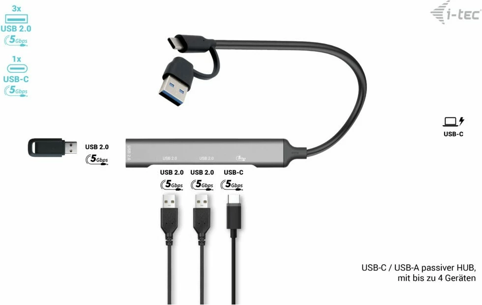 USB HUB I-Tec, 4 porta, USB 3.0/2.0, Type-A/Type-C, 5000 Mbit/s, argjendtë