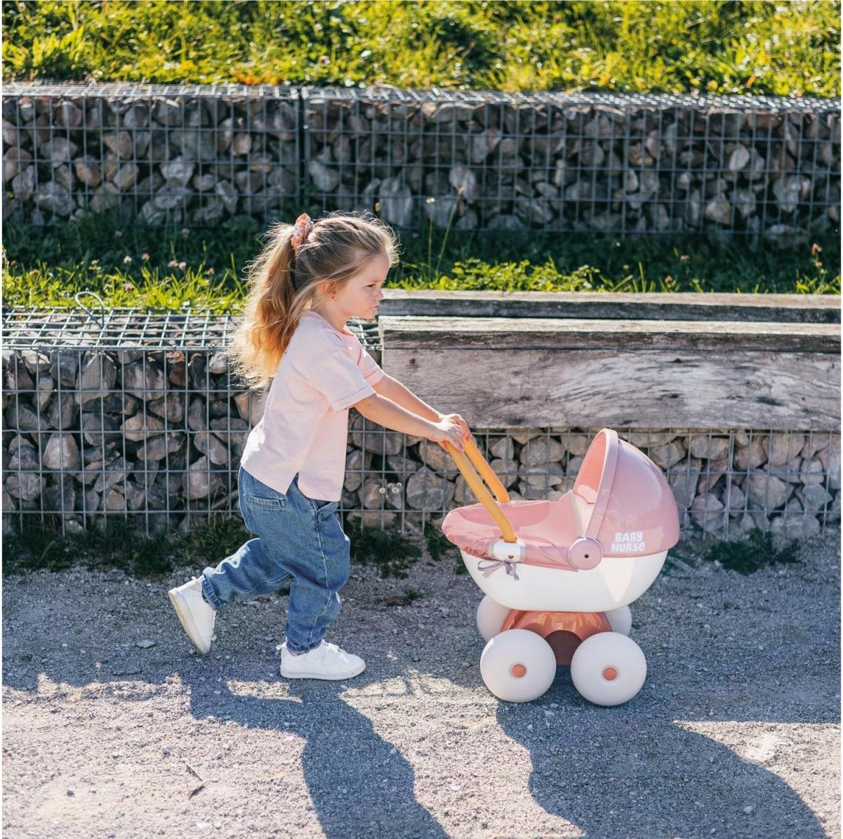 Karrocë lodër për kukulla Smoby Baby Nurse, plastikë e ricikluar, kafe/rozë/e bardhë