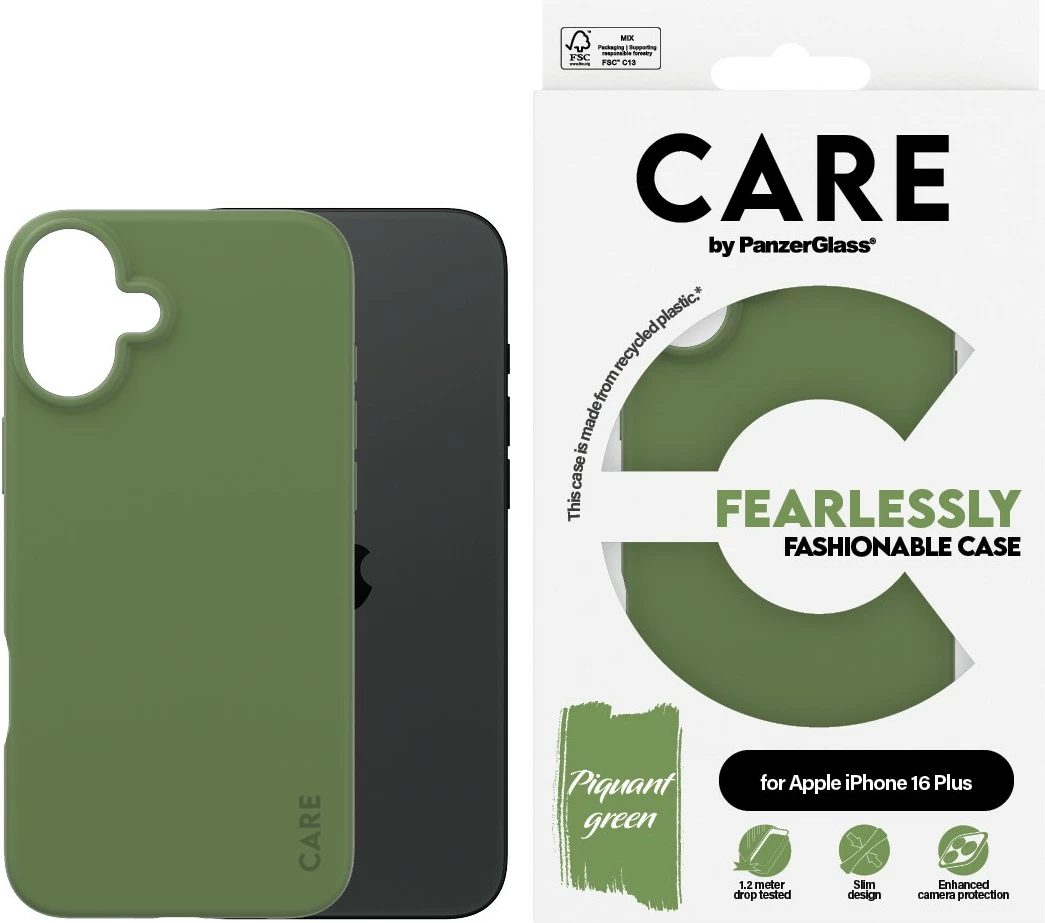 Mbështjellës PanzerGlass CARE Case për iPhone 16 Plus, silikon, green