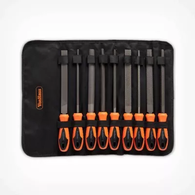 Set turpijash dhe raspash VONHAUS 3500076, 20 cm (8\"), çelik T12, me çantë kanavacë, set 9 copë, zi/portokalli