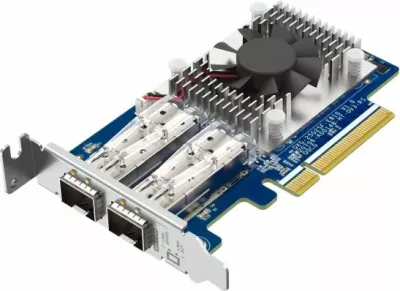 Kartë rrjeti QNAP QXG-25G2SF-E810, 25GbE, 2x SFP28, PCIe Gen4 x8, low-profile, set me 3 mbrojtëse, blu
