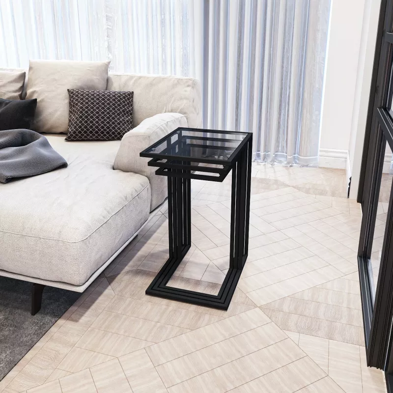 Set tavolinash të ndërlidhura (3 copë), Hanah Home, İbiza, xham i tymosur, e zezë