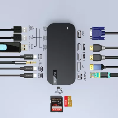 Kasë Choetech HUB-M52, USB-C, HDMI, VGA, DP, SD, RJ45, Gri