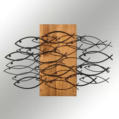 Aksesor dekorativ muri prej druri dhe metali, peshq, ngjyrë e zezë dhe arre, 87x58cm