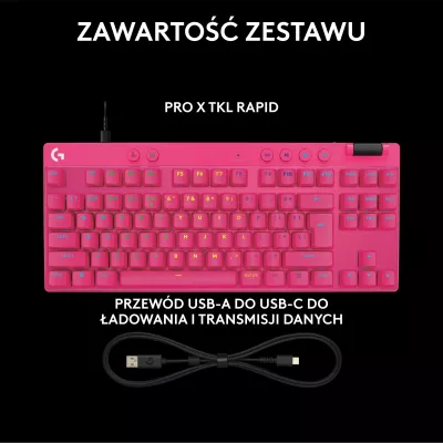 Tastierë gaming Logitech G PRO X TKL Rapid 920-013253, TKL 80%, switcha magnetikë analog, RGB, USB-C me kabllo, US INTL, pink