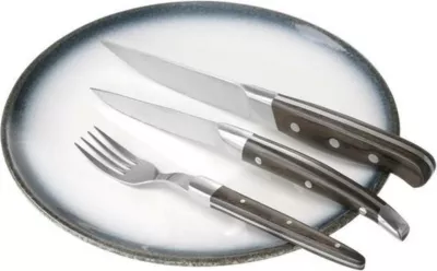 Thikë steak, OVE Corfu, teh 110 mm, çelik inoks, gjatësi totale 240 mm, dorezë Pakkawood, kafe e errët, set 6 copë me kuti dhurate