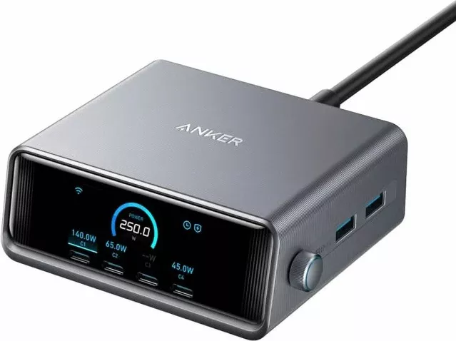Karikues tavoline Anker Prime GaN A2345341, 250W, 6 porta (4x USB-C + 2x USB-A), ekran LCD 2.26", gri e errët