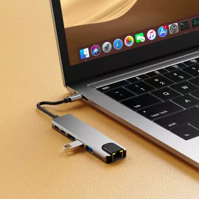 Adapter HUB Tech-Protect HB02 6in1, USB-C, USB 2.0, USB 3.0, HDMI 4K, RJ45, PD 100W, Gri