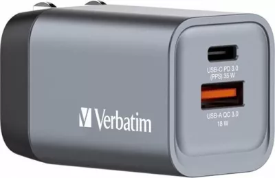 Karikues muri Verbatim GaN 35W 32200, USB-C PD 3.0 + USB-A QC 3.0, set me priza EU/UK, argjendtë