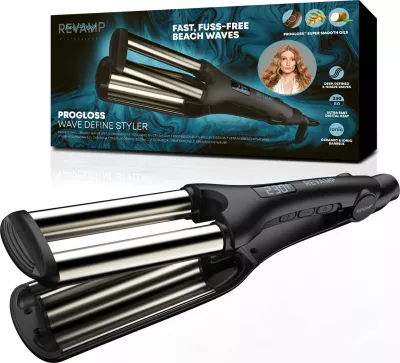 Hekur valëzues për flokë Revamp Progloss Wave Define WV-1750, triple 19 mm, 80–230°C, zi/argjendtë, me dorezë termike