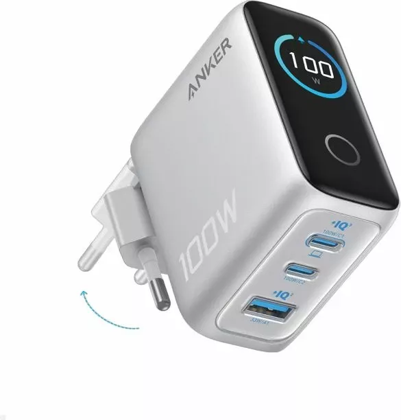 Karikues muri ANKER B121BG41 100W GaN Smart Display, 3 porta (2x USB-C + 1x USB-A), argjendtë
