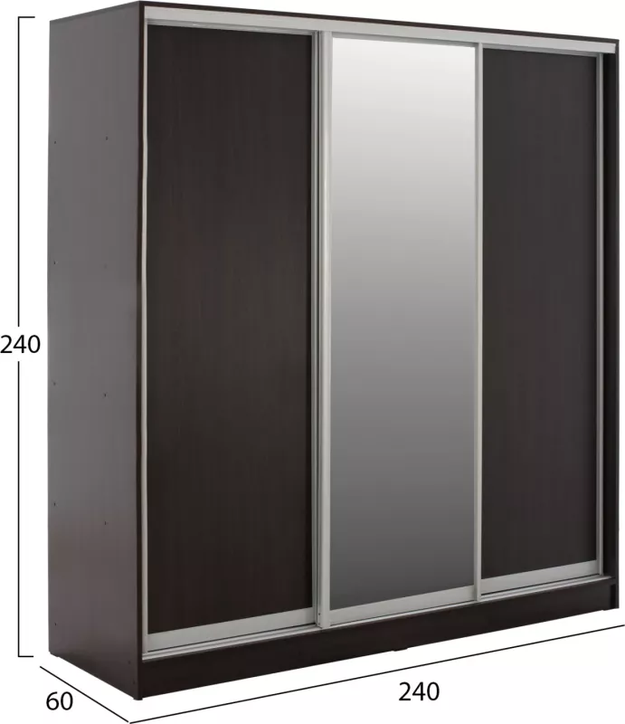 Dollap ADLER me dyer rrëshqitëse, melaminë, ngjyrë wenge, me pasqyrë, 3 dyer, 240x60x240 cm, FH2462.02