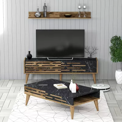Set mobiljesh për dhomë dite Skye Decor, Valensiya 140, ngjyrë arre, e zezë, mermer