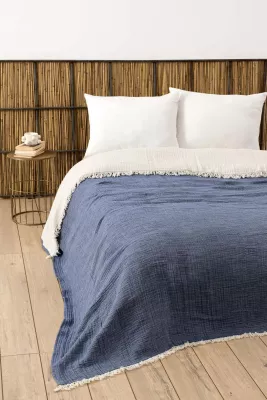 Përparëse dopio për shtrat, muslin, ngjyrë blu e errët, 230x250cm