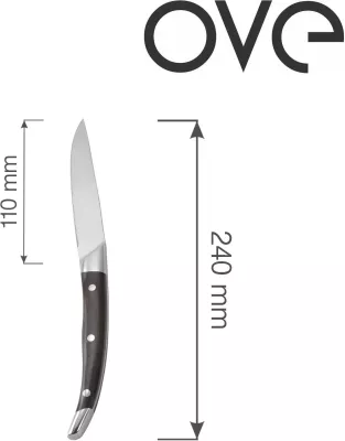 Thikë steak, OVE Corfu, teh 110 mm, çelik inoks, gjatësi totale 240 mm, dorezë Pakkawood, kafe e errët, set 6 copë me kuti dhurate