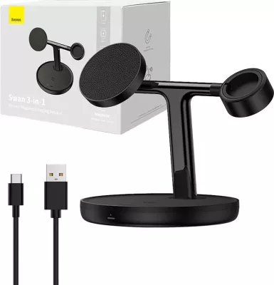 Mbështjellës karikues wireless Baseus Swan 3-in-1, 15W, MagSafe, i zi