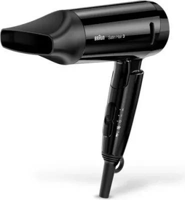 Tharëse flokësh Braun Satin Hair 3 Style&Go HD350 me jone, palosshme, multivoltage, e zezë