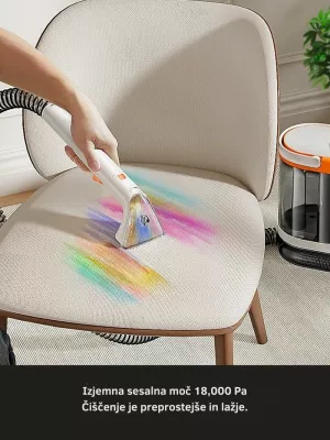 Pastrues i thellë me ujë të nxehtë për qilima dhe tapiceri Uwant B300 Pro 18000 Pa 600 W depo 1.2/1.4 L, me aksesorë + pastrues tekstili 500 ml, bardhë/portokalli