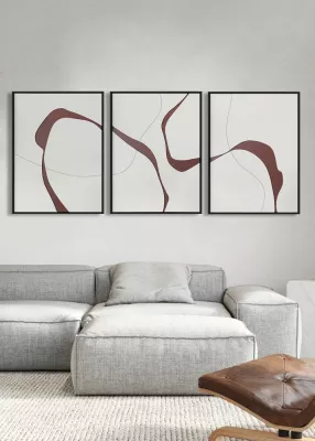 Set pikturash dekorative, 3 copë, kanavacë e bardhë, detaje bordo, MDF i zi, 60x240x4 cm