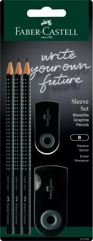 Set lapsa grafiti Faber-Castell Sleeve, 3 copë, B, me gomë dhe mprehëse, e zezë