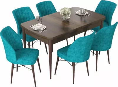 Set tavoline me karrige për ngrënie, zgjatës, 7 copë, Skye Decor, ngjyrë barok dhe tyrkiz