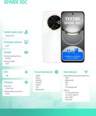 Celular TECNO Spark 30C, 8GB RAM, 256GB, Orbit White me set aksesorësh