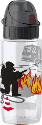 Shishe uji Emsa Drink2Go Tritan 0.5L AutoClose, dizajn zjarrfikës, transparente/kapak i zi