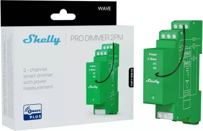 Dimmer Shelly Wave Pro 2PM, 2 kanale, wireless Z-Wave, për LED/halogjen, montim në shinë DIN, Gjelbër