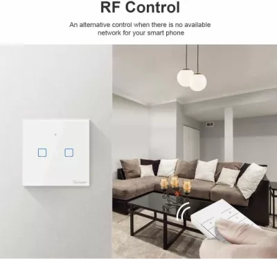 Switch muri smart SONOFF T1EU2C-TX, Wi-Fi + RF433, 2-kanal, EU, i bardhë