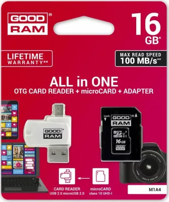 Kartë memorie GoodRam All in One microSDHC 16GB Class 10 UHS-I/U1, me adapter SD + lexues karte (M1A4-0160R12)