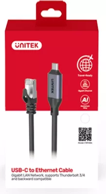Kabllo Ethernet Unitek USB-C RJ-45 LAN, 3m, ngjyrë zezë-argjendtë