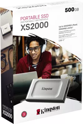 SSD portabël Kingston XS2000, 500 GB, USB Type-C, 3.2 Gen 2, 2000 MB/s, E zezë, Argjendtë