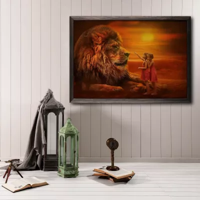 Pikturë dekorative me kornizë druri, Touch The Lion XL, shumëngjyrëshe, 50x70cm