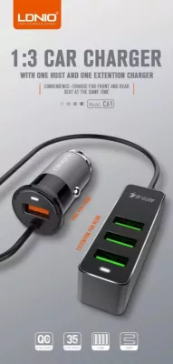 Karikues veture LDNIO C61 35W 12/24V 4x USB (1x Quick Charge + 3x USB), i zi