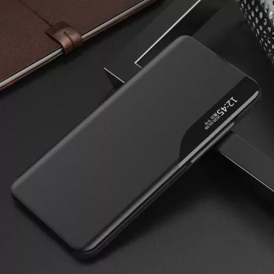 Mbështjellës Hurtel Eco Leather View Case për Samsung Galaxy A02s EU, me kapak dhe qëndrim, i zi