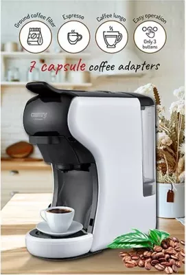 Makinë espresso multi-kapsula CAMRY CR4414, 19 bar, 0.6 L, 1450 W, bardhë/zezë, set me adaptera + filtër kafe të bluar