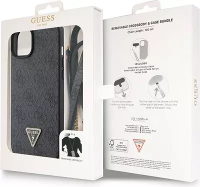 Mbështjellës Guess Crossbody 4G Metal Logo për iPhone 15/15 Plus, i zi, me rrip