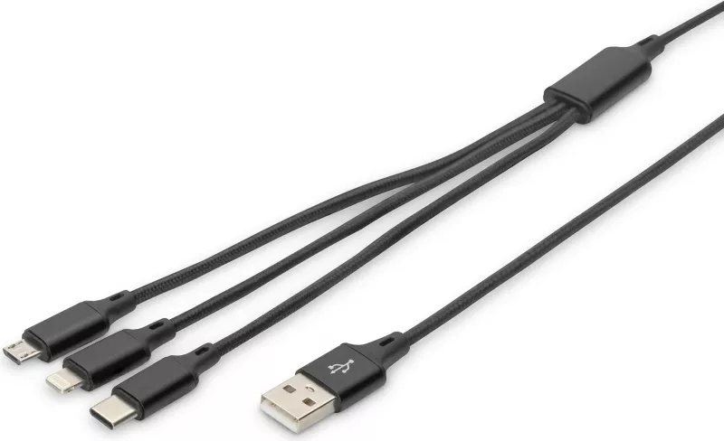 Kabllo karikimi 3-në-1 Digitus, 1 m, USB A, USB C, E zezë