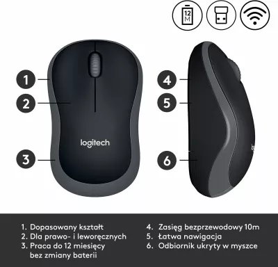 Maus Logitech M185 1000 DPI wireless me USB receiver, zi-gri
