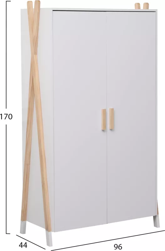 Dollap për fëmijë PASCHAL, ngjyrë e bardhë, këmbë prej druri pishe, 96x44x170cm