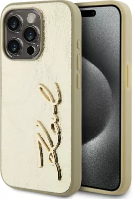 Mbështjellës Karl Lagerfeld Wrinkled Metal Signature për iPhone 15 Pro Max, Gold