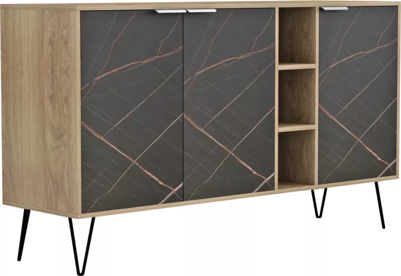 Bufe CABRON FH8874.12 melaminë në ngjyrë Sonama-mermer i zi dhe këmbë metalike të zeza 142x40x83H cm