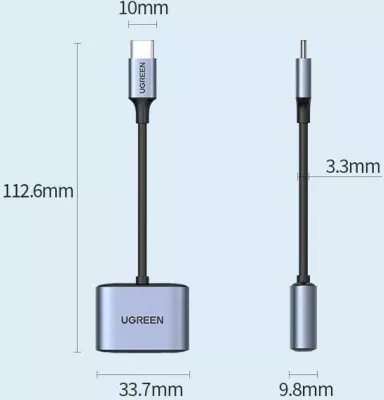 Adapter AV Ugreen CM231 USB-C në 3.5mm + USB-C, PD/QC 30W, gri