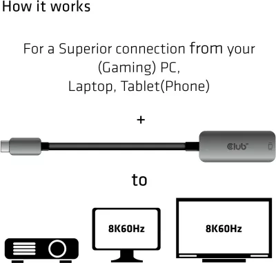 Adapter Club3D USB Type-C në DisplayPort 1.4, 8K60Hz, i zi/argjendtë