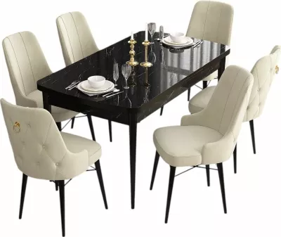 Set tavoline me karrige për ngrënie, zgjatës, 7 copë, Skye Decor, ngjyrë mermeri të zi, krem