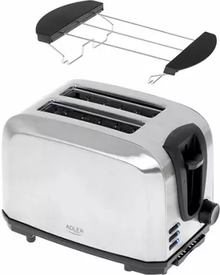 Toster Adler AD3222, 7 nivele pjekjeje, rrjetë për ngrohje simitesh, 1000W max, argjendtë